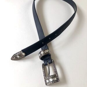 Western Style Belt, Rhinestones & Dark Blue Leather